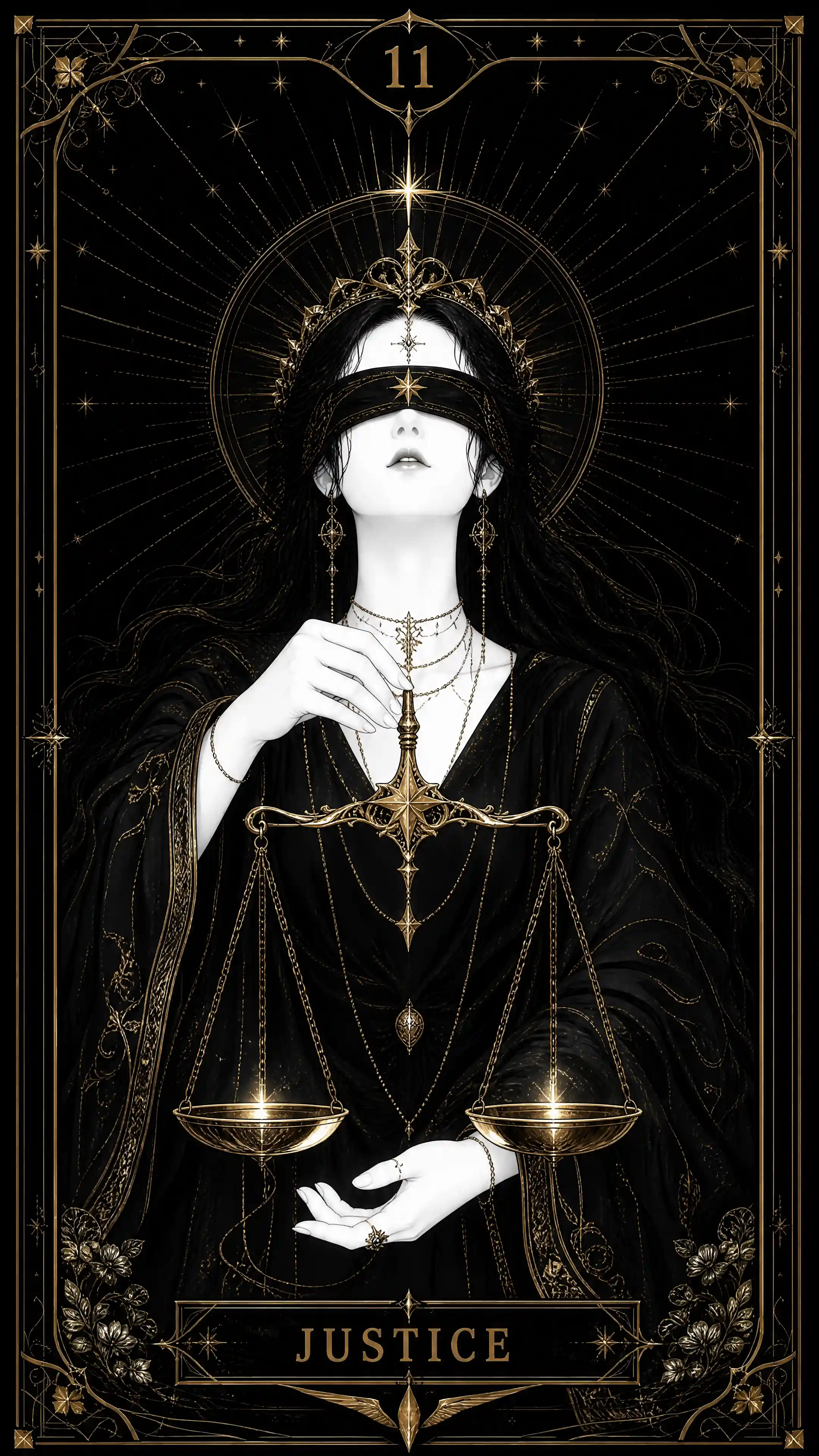 Eine Tarotkarte der Gerechtigkeit mit weißer Haut und goldenen Details