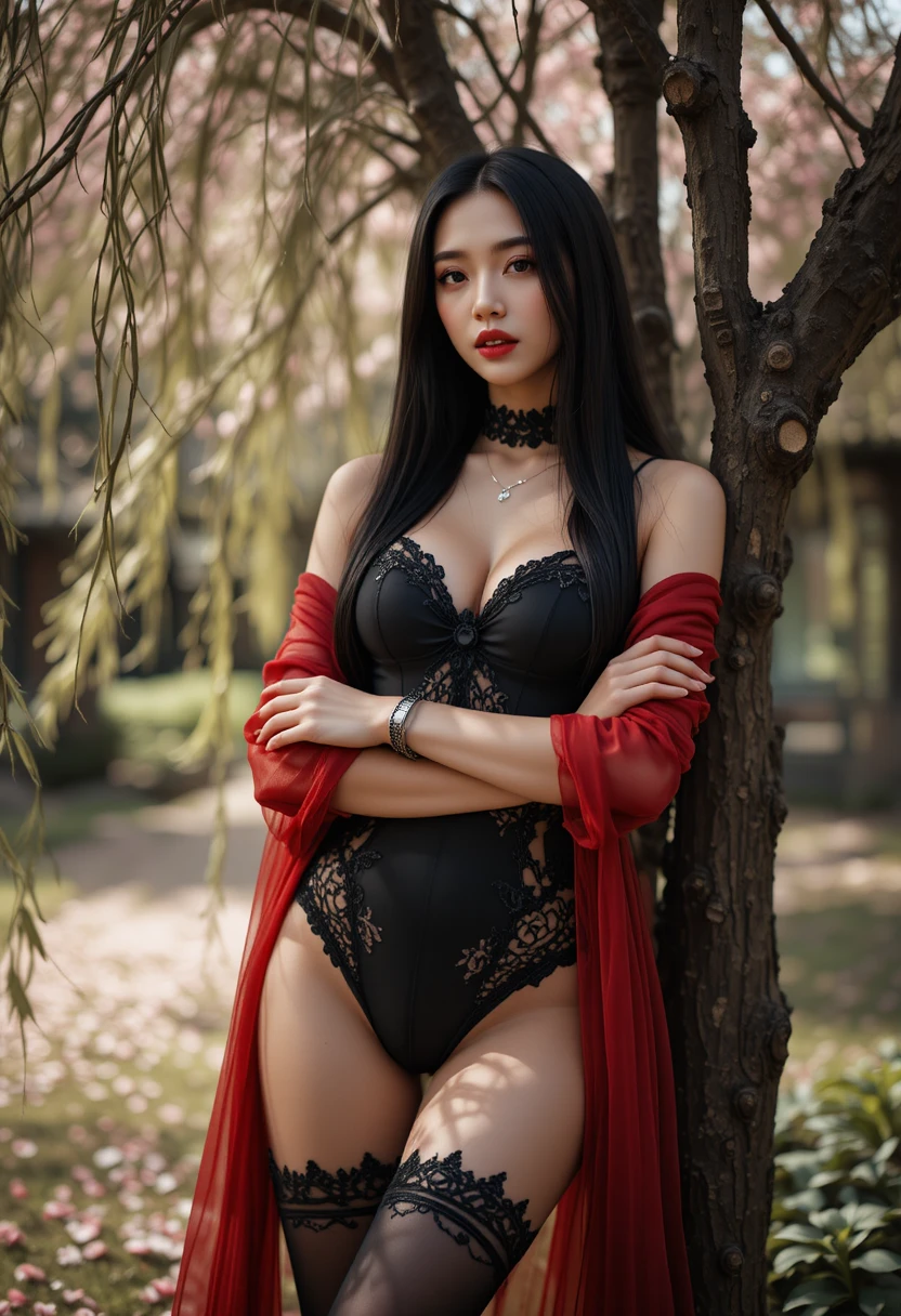 Uma jovem vietnamita encostada a um salgueiro num jardim chinês
