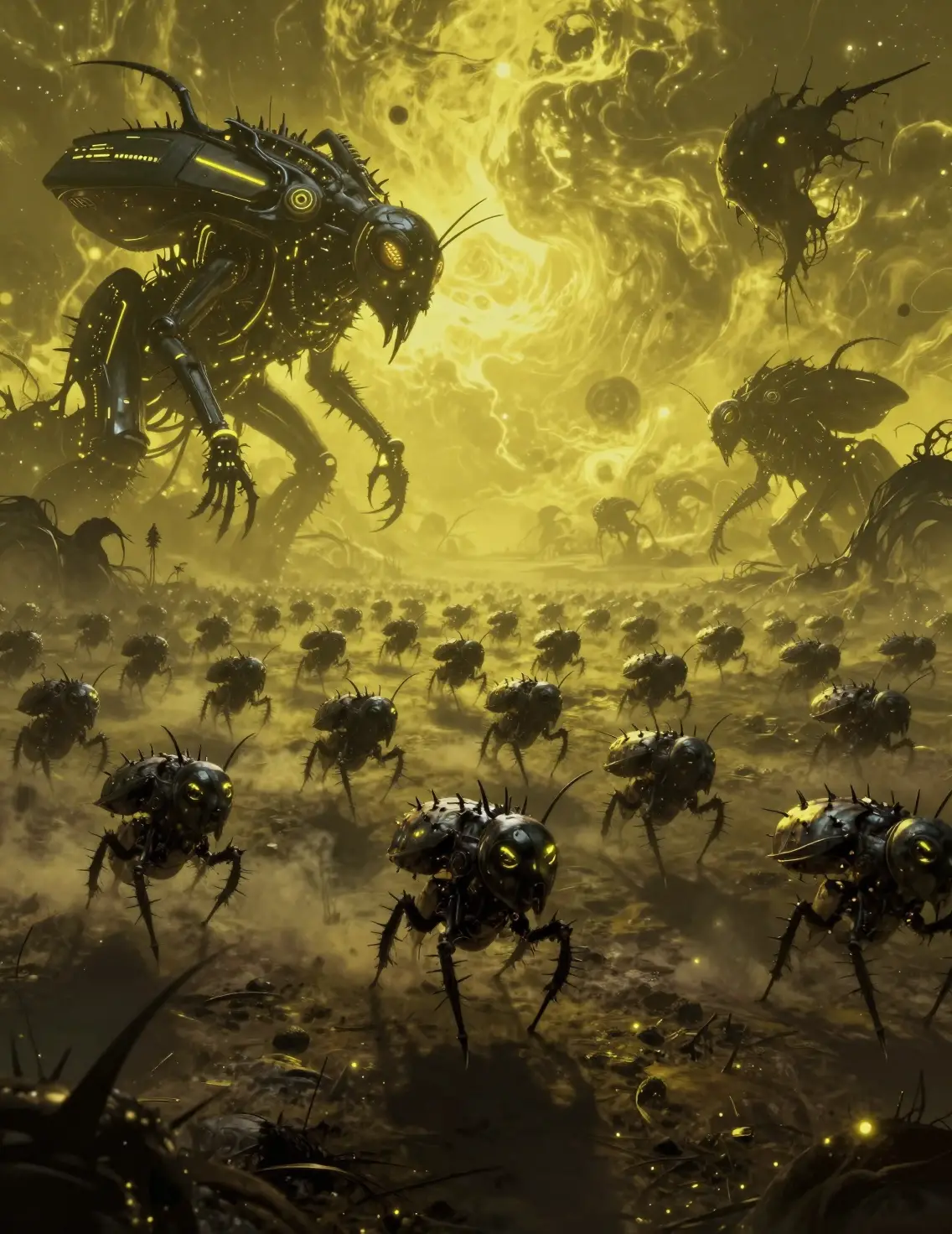 A thorned insectoid swarm runs across a horrific landscape