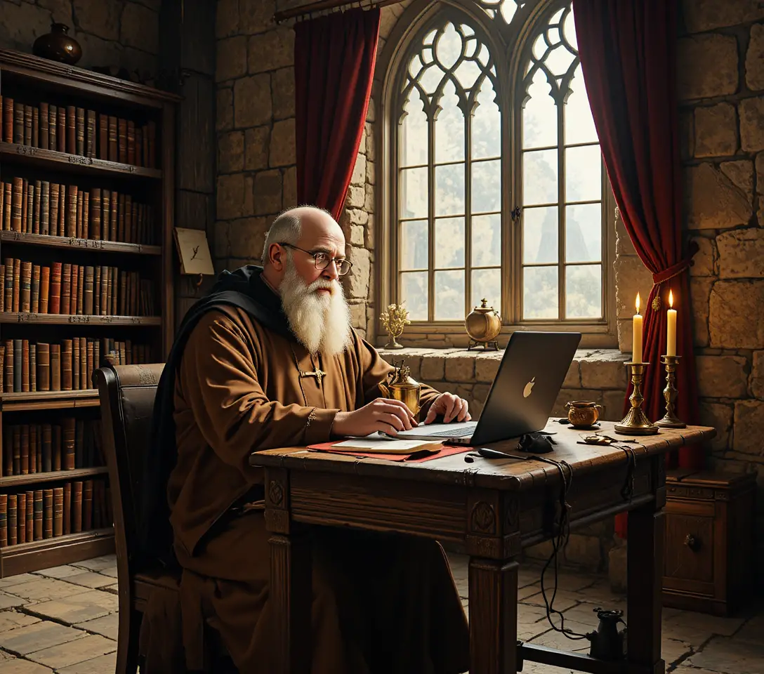 Um monge idoso digita em um laptop em um escritório medieval