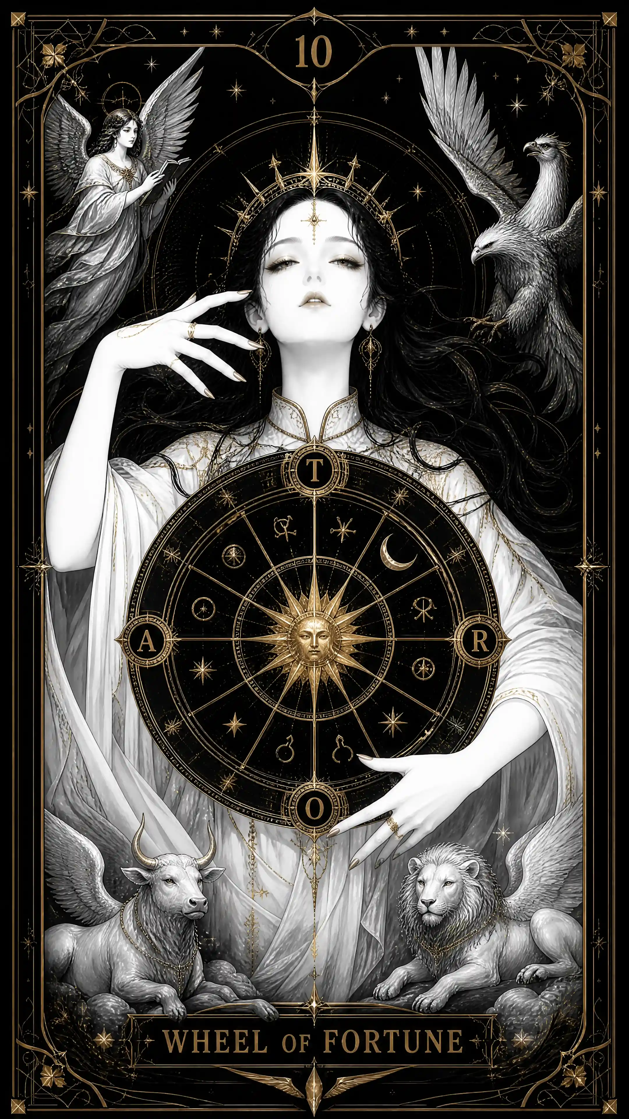 A carta de tarô A Roda da Fortuna em preto, branco e dourado
