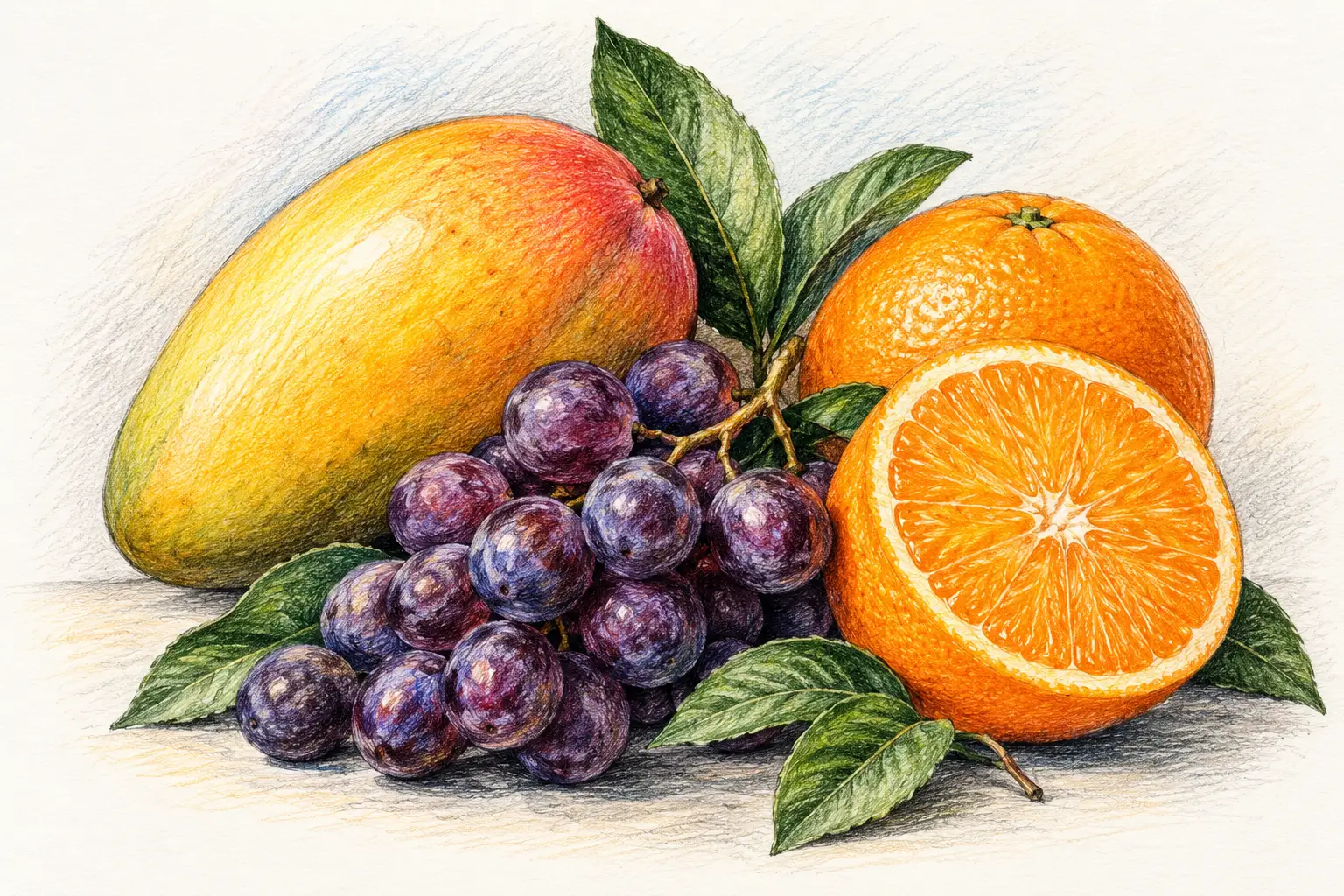 Natureza-morta colorida de frutas desenhada com lápis de cor delicados