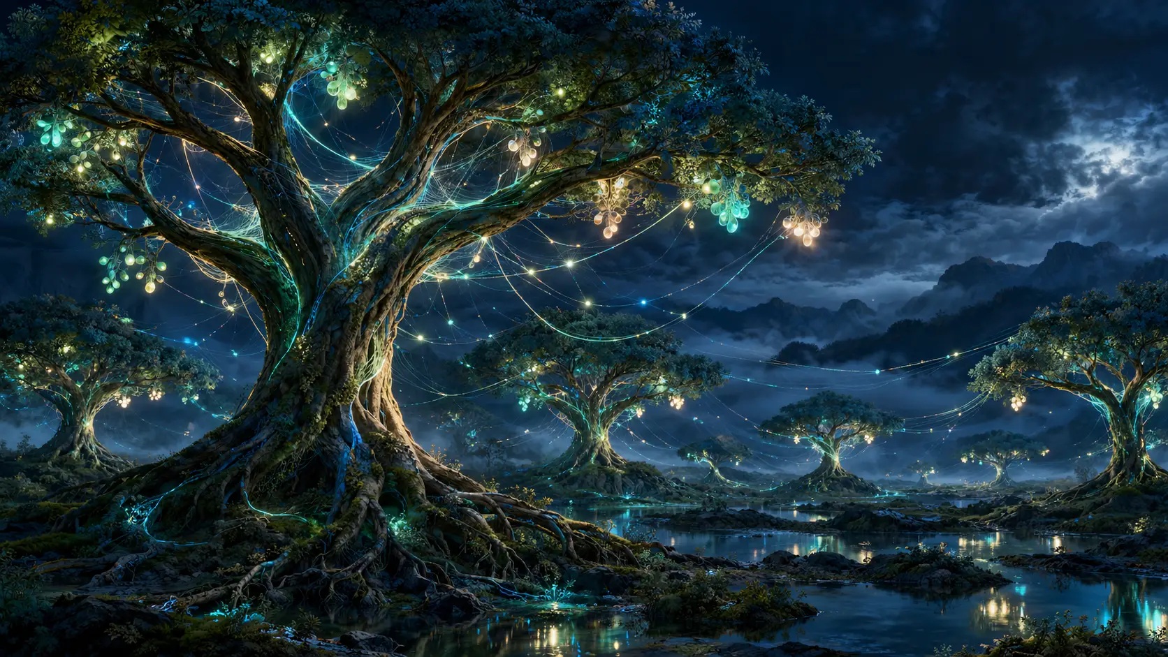 Um pomar luminoso de árvores interligadas sob um céu de meia-noite encoberto por nuvens