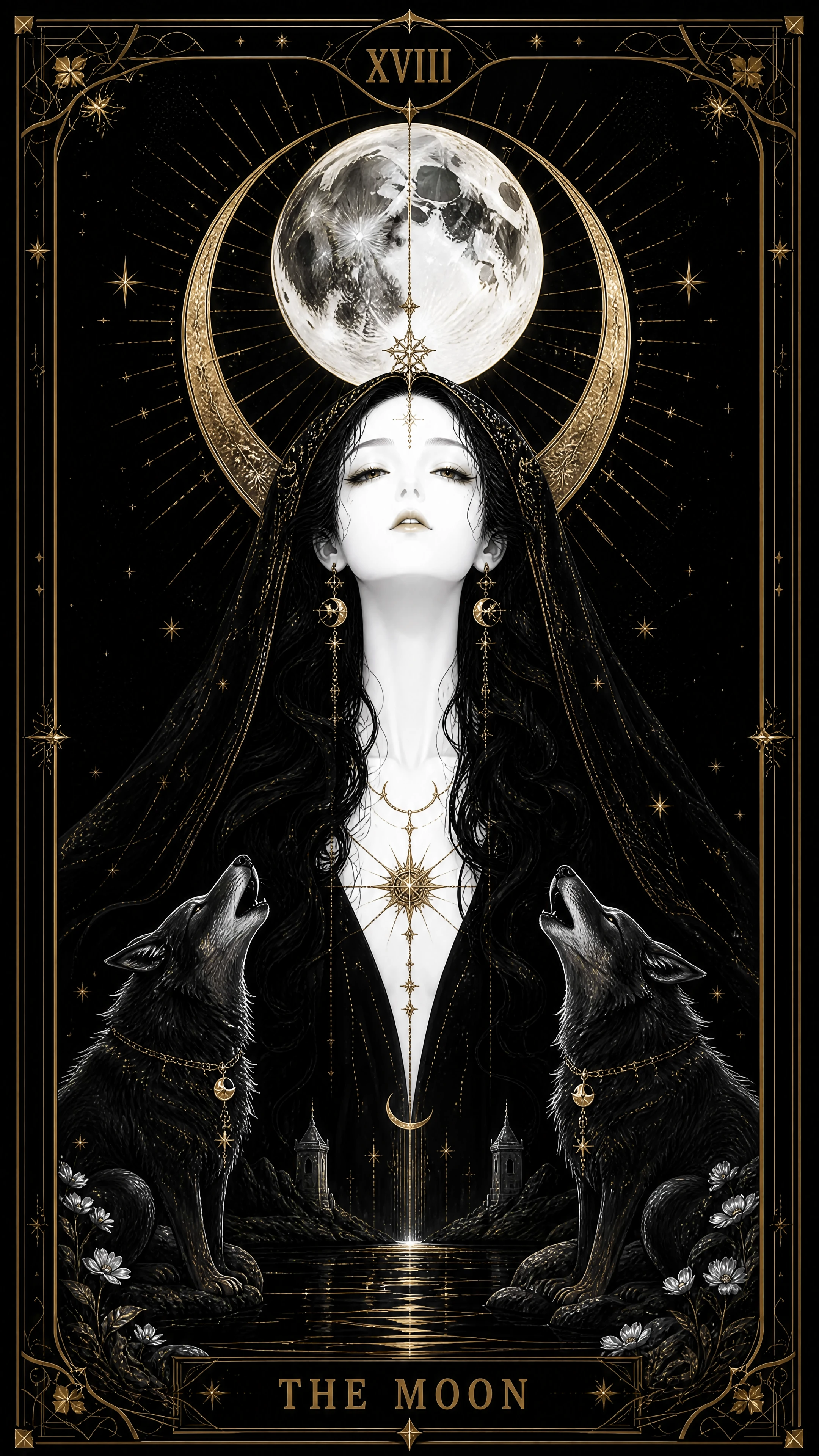 Uma carta de tarô com a lua e detalhes dourados