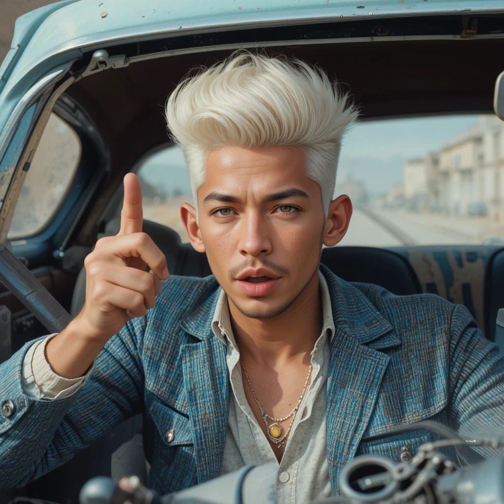 Um homem com topete pompadour fala sobre problemas com o carro