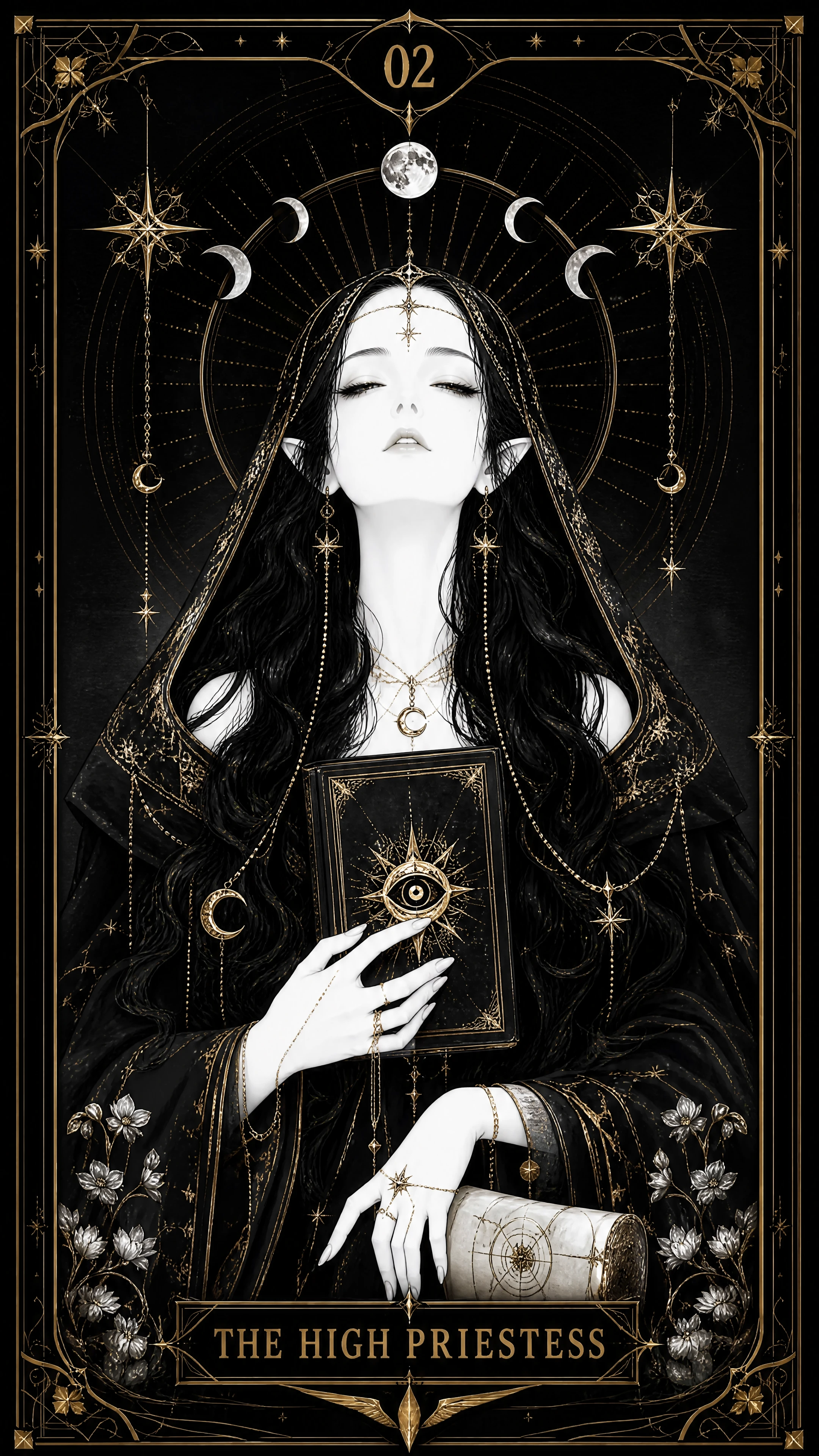 Uma carta de tarô da Sacerdotisa em preto e branco com detalhes dourados