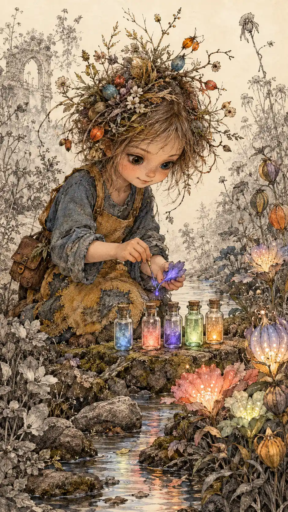 Un bambino del bosco raccoglie colori luminosi accanto a un ruscello incantato