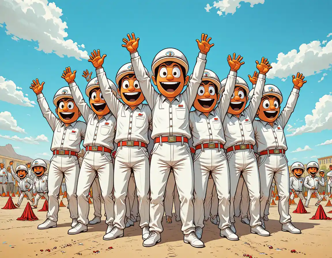 Personagens de desenho animado laranja comemoram juntos em um campo ao ar livre enfeitado com bandeiras