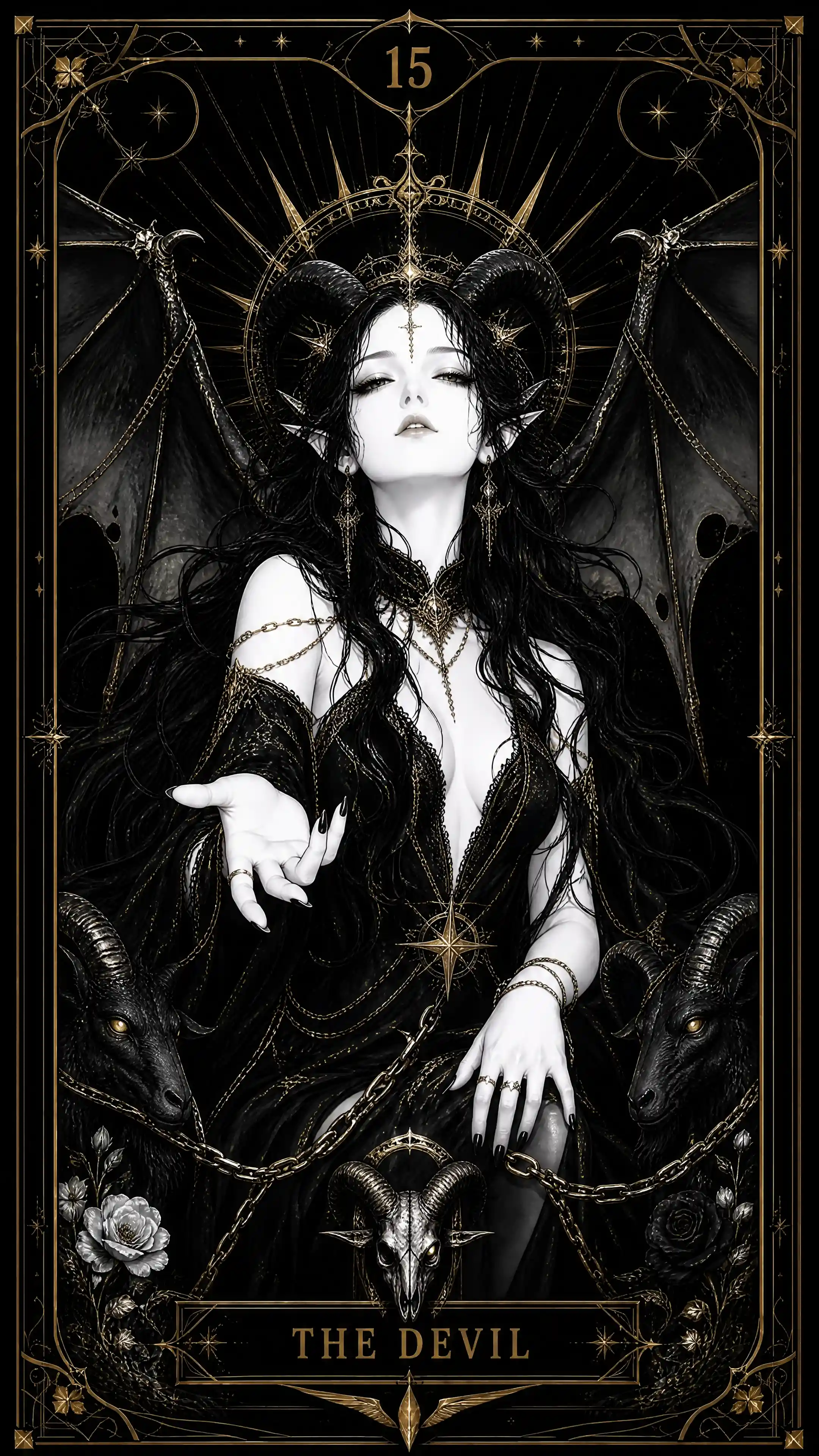 A tarot card depicts the Devil in black and white with gold details