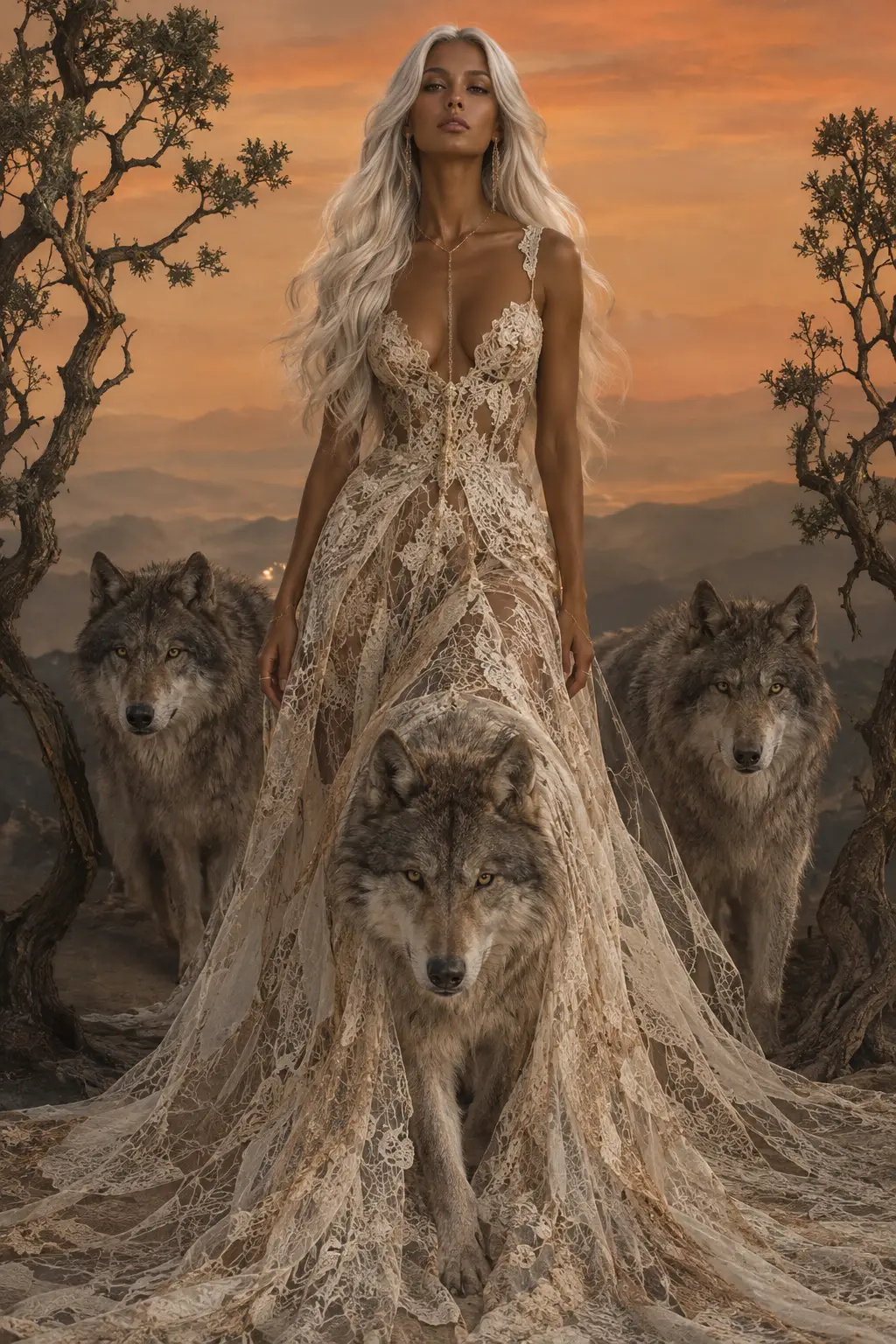 Uma mulher de cabelos brancos com lobos, usando um vestido de renda