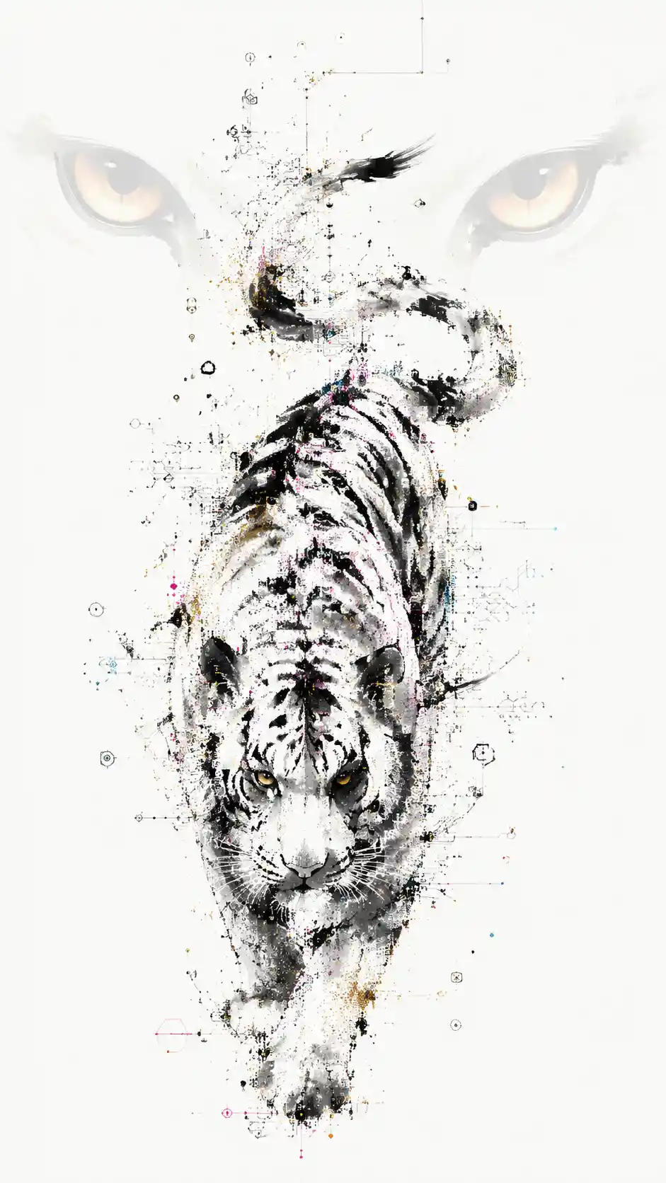 Ein Sumi-e-Tiger aus ausdrucksstarken Pinselstrichen und winzigen Symbolen