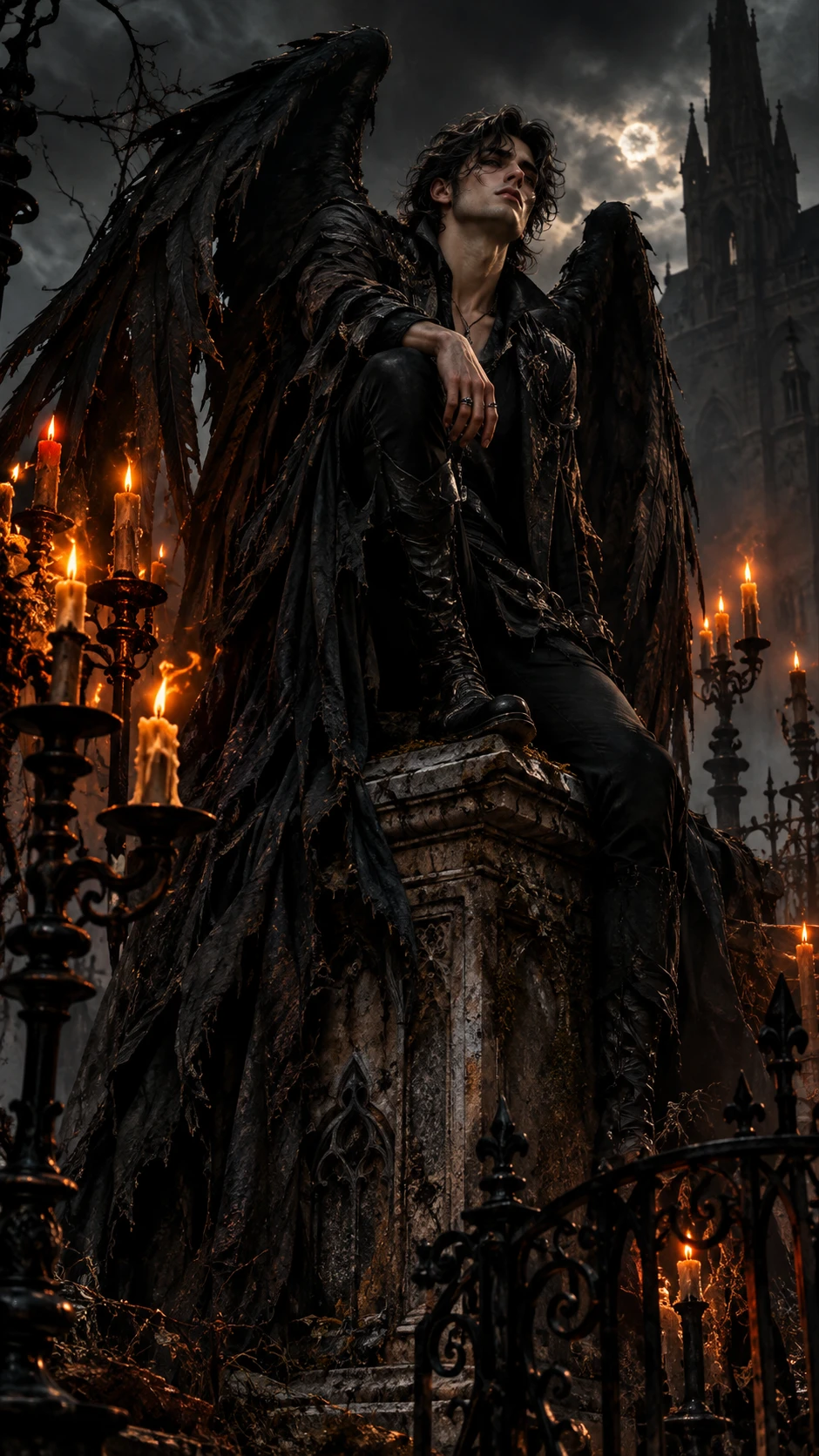 Fallen angel with tattered wings poses on a crumbling graveyard tomb