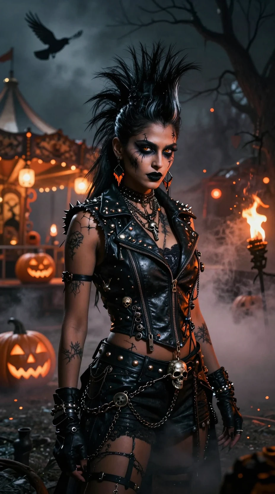 Retrato de uma mulher indiana como rainha gótica numa feira assombrada