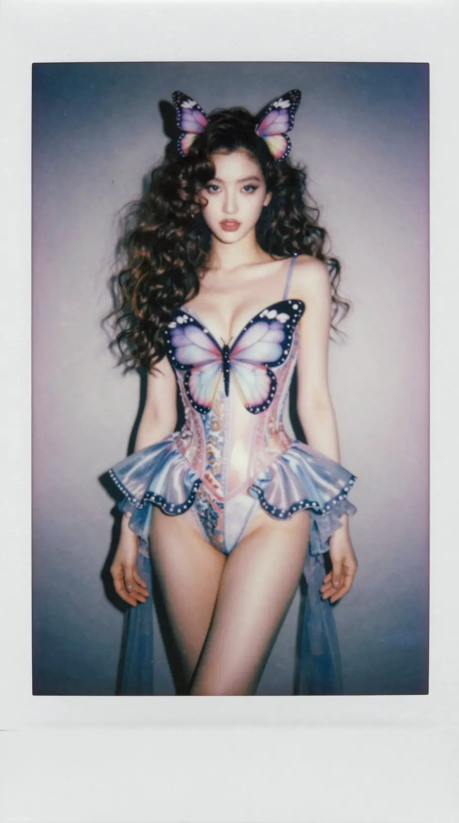Uma mulher glamorosa com um body de borboleta e caracóis esvoaçantes