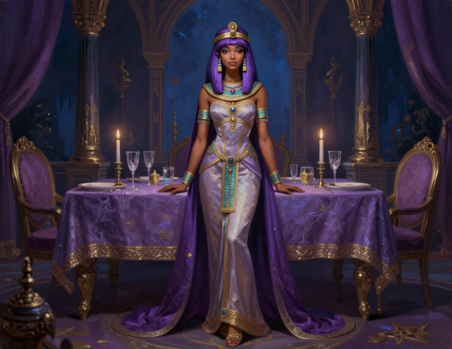Une princesse aux cheveux lilas lors d’un banquet au palais au crépuscule