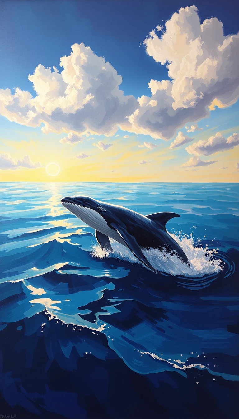 A humpback whale leaps through a golden sunset over the ocean