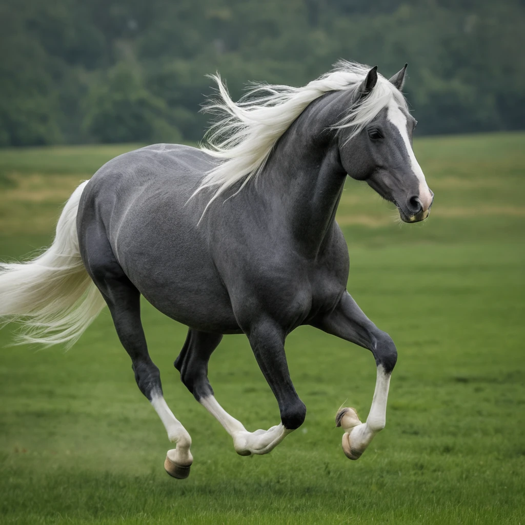 Um cavalo cinzento-escuro a trotar por um campo verdejante