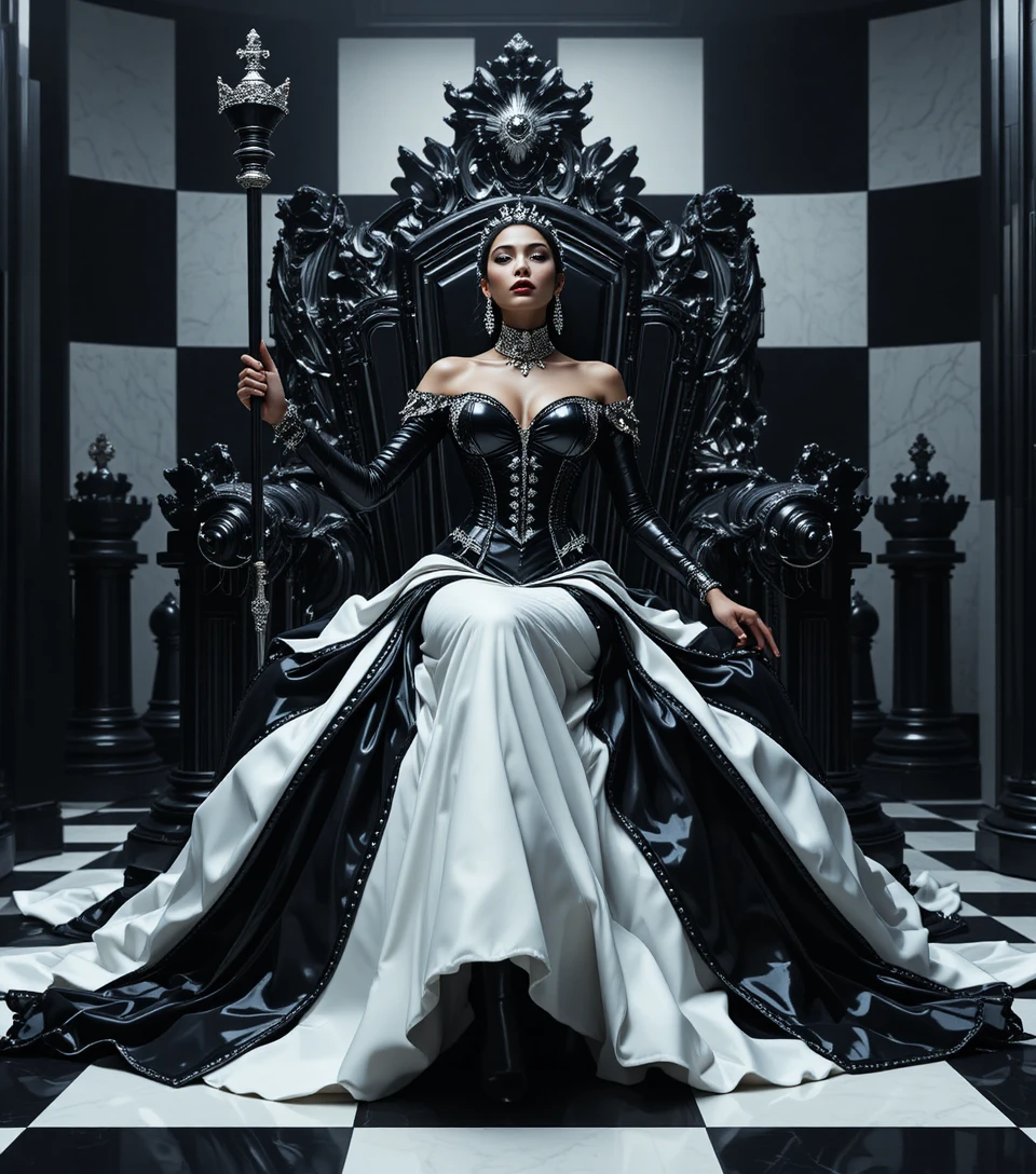 Um monarca do xadrez domina um mundo surreal em preto e branco escultural