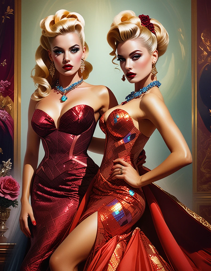 Uma mulher loira pin-up com vestido de gala de veludo vermelho