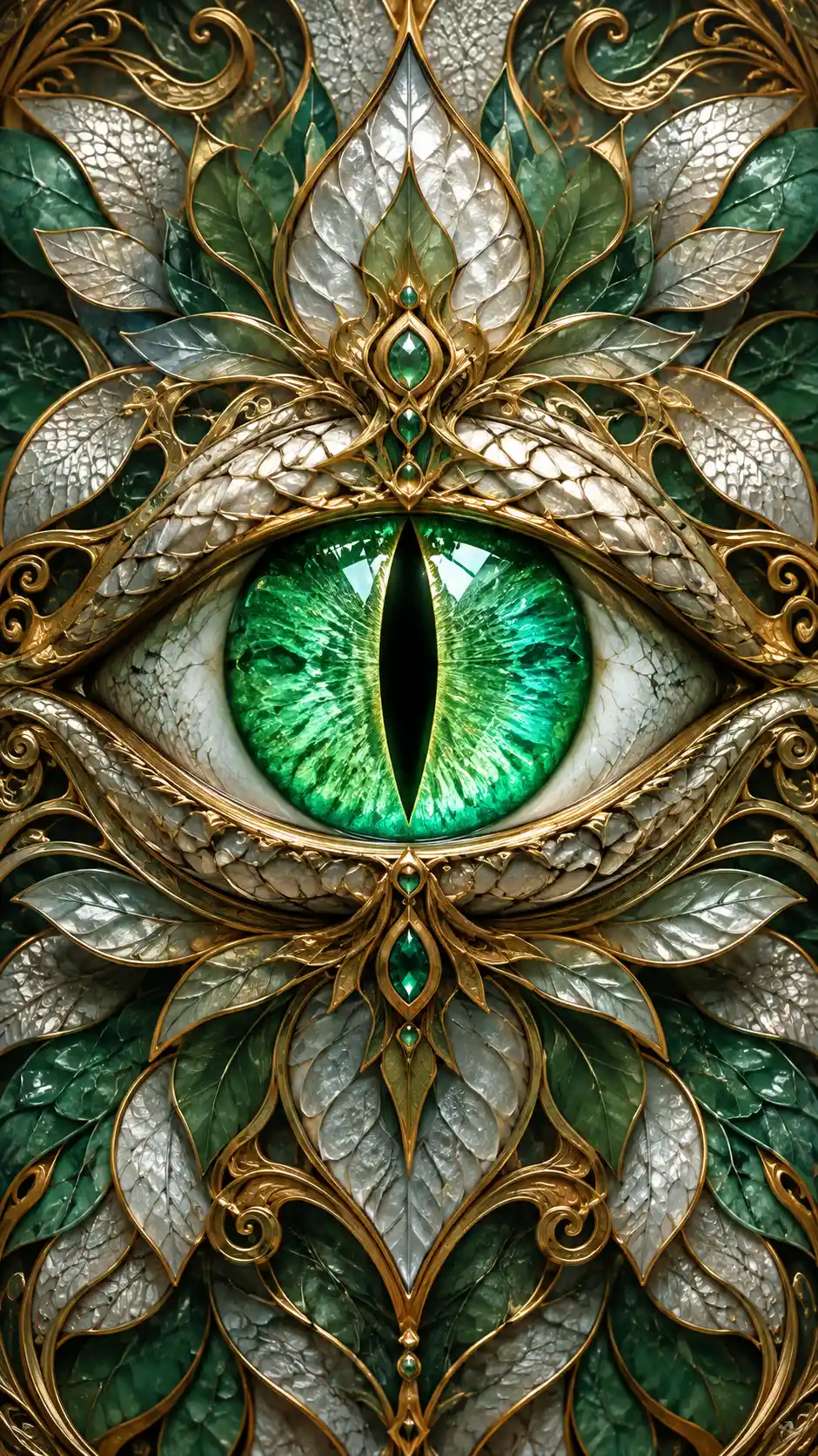 Ein leuchtendes Drachenauge in einem symmetrischen Ziermandala