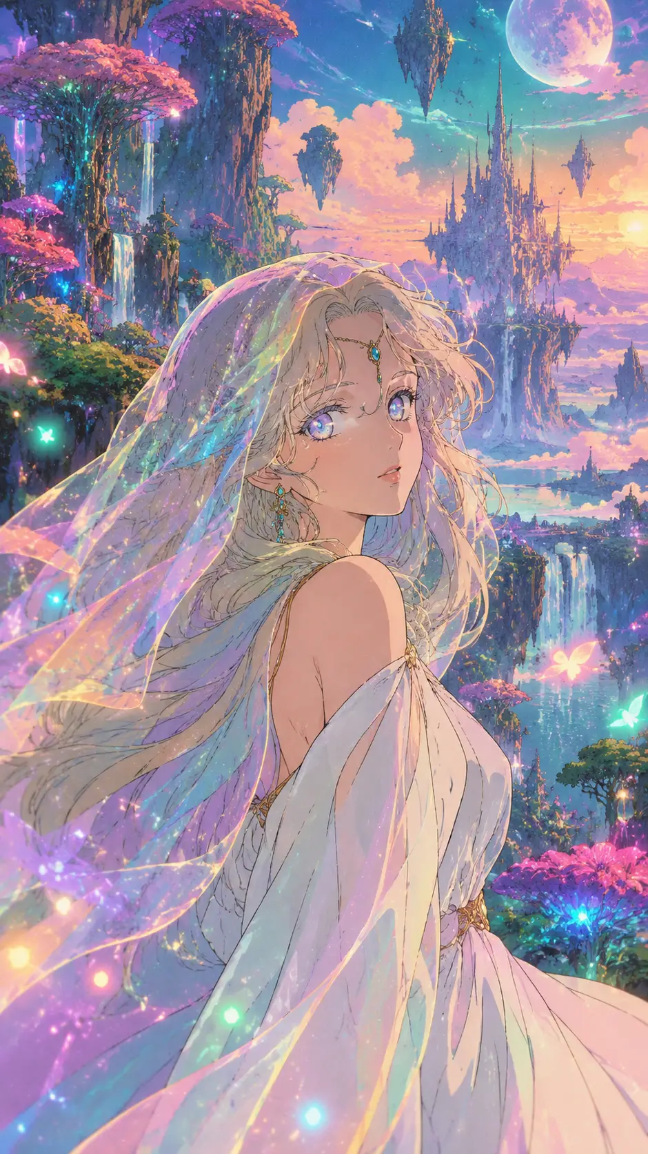 Uma mulher em estilo anime com vestido branco e olhos brilhantes