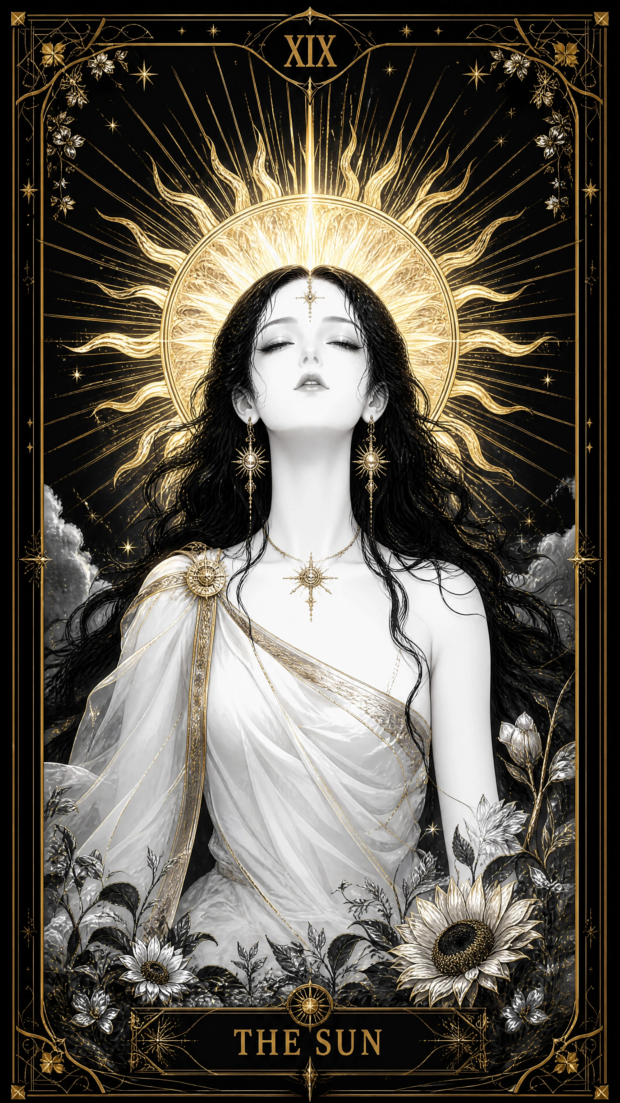 A Sun tarot card with monochrome artwork and gold accents