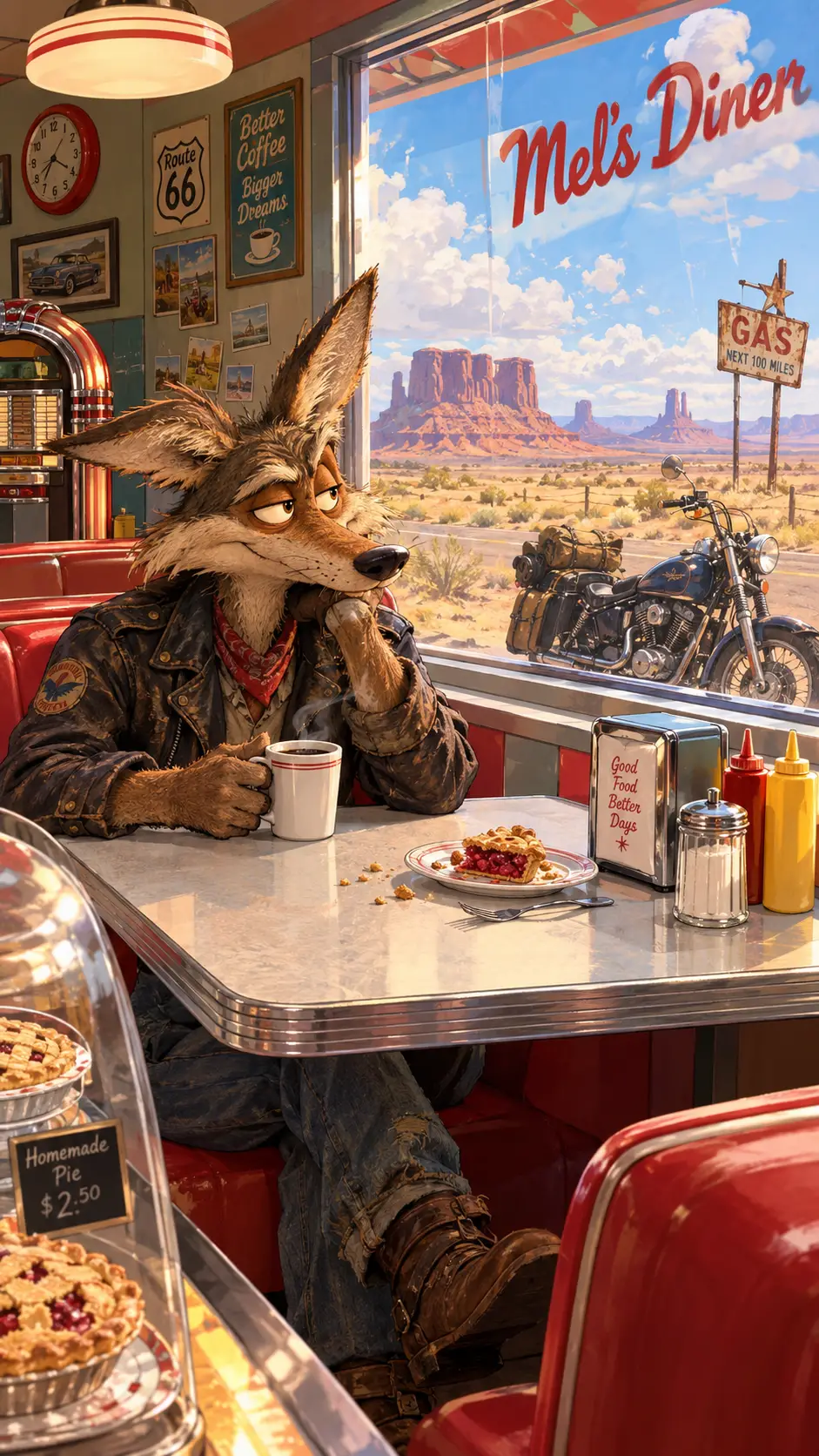 Um coiote ilustrado toma café num diner americano retrô