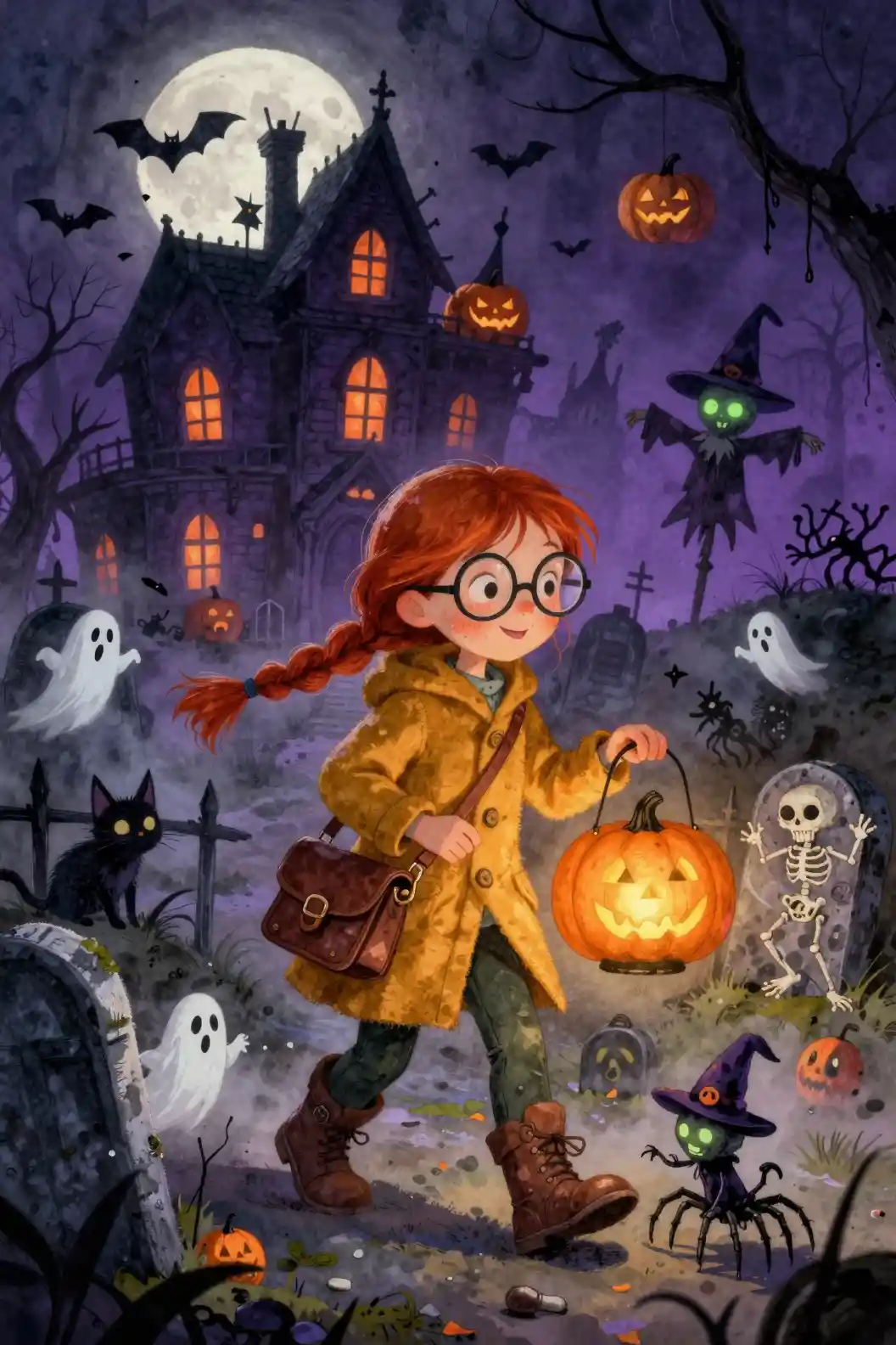 A curious girl explores an abandoned village on Halloween night