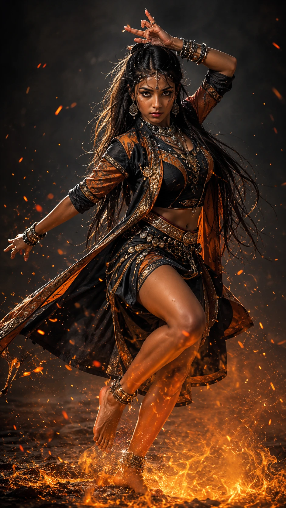 An Indian futuristic warrior woman dances through glowing embers