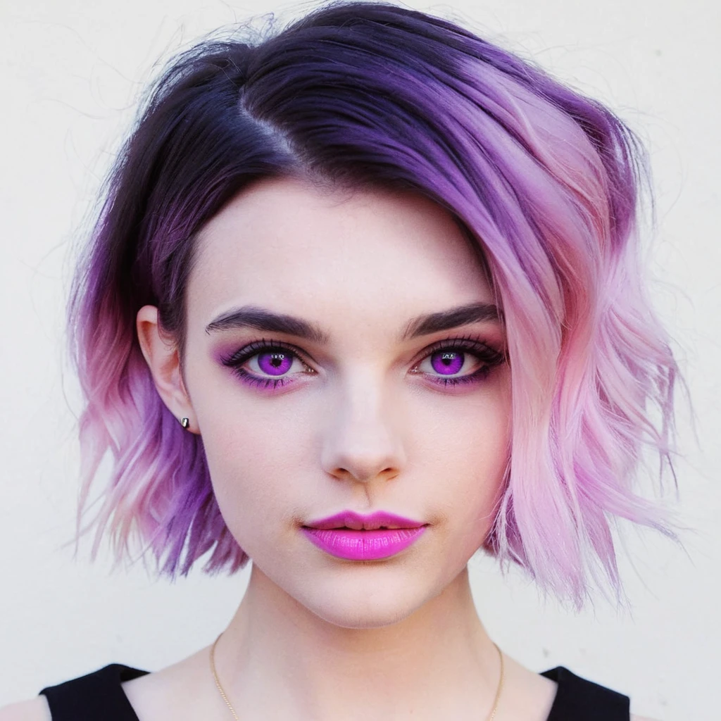 ピンクから紫へと色が移り変わるショートヘアの若い女性