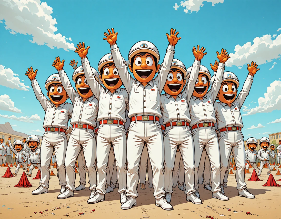 Personagens de desenho animado laranja comemoram juntos em um campo ao ar livre enfeitado com bandeiras