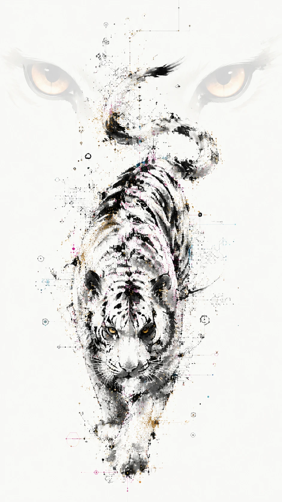 Un tigre en sumi-e formé de traits expressifs et de minuscules symboles