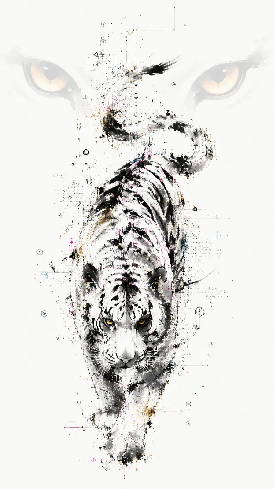 Um tigre em estilo sumi-e formado por pinceladas expressivas e pequenos símbolos