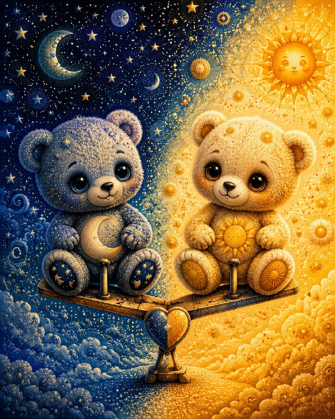 Two Teddy Bears Sit Together on a Magical Seesaw