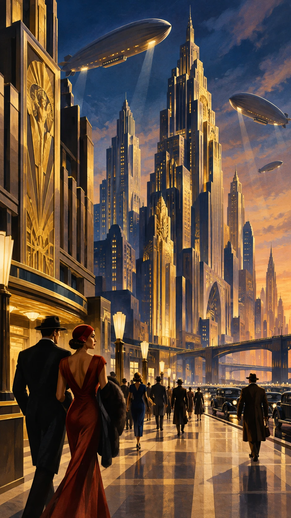 Des gratte-ciel Art déco dominent une ville vintage au crépuscule
