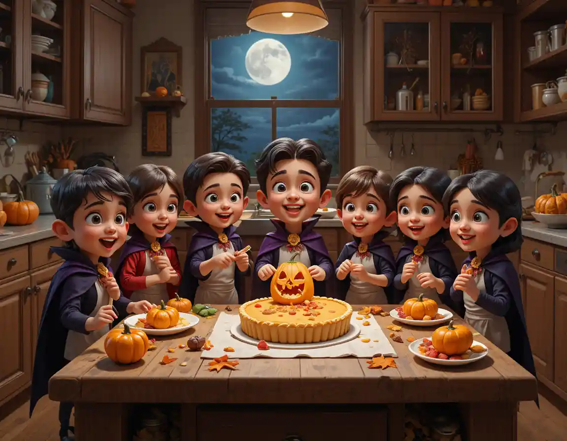 Crianças vampiras preparam doces de Halloween junto a uma bancada de cozinha acolhedora
