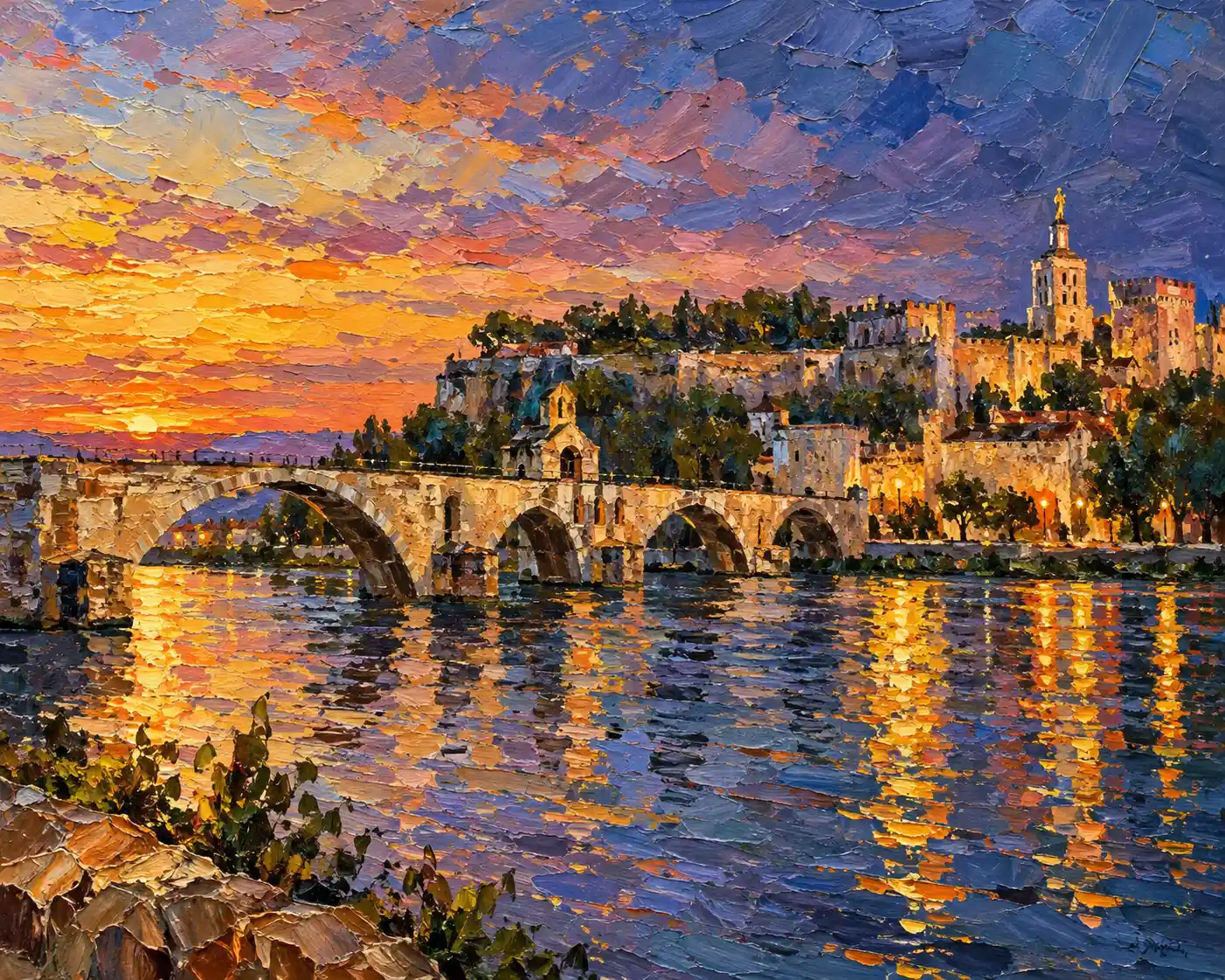 A Pont d’Avignon e o rio Ródano em uma pintura a óleo ao entardecer