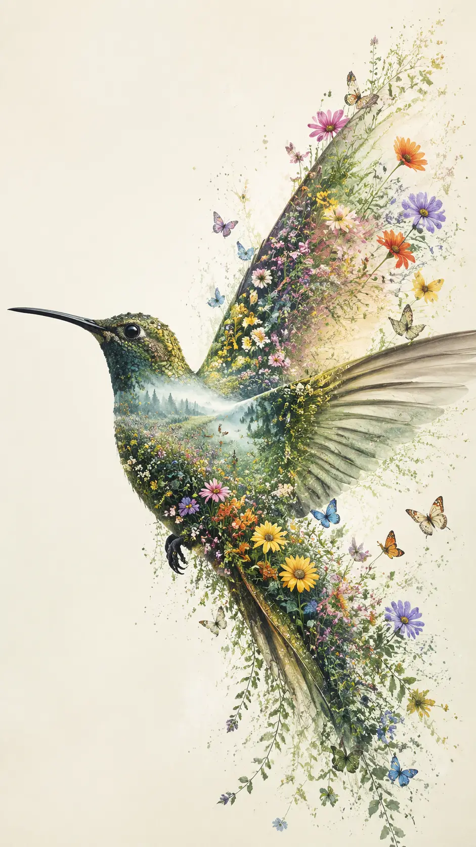 Um beija-flor paira no ar, com um prado primaveril florescendo dentro de sua silhueta