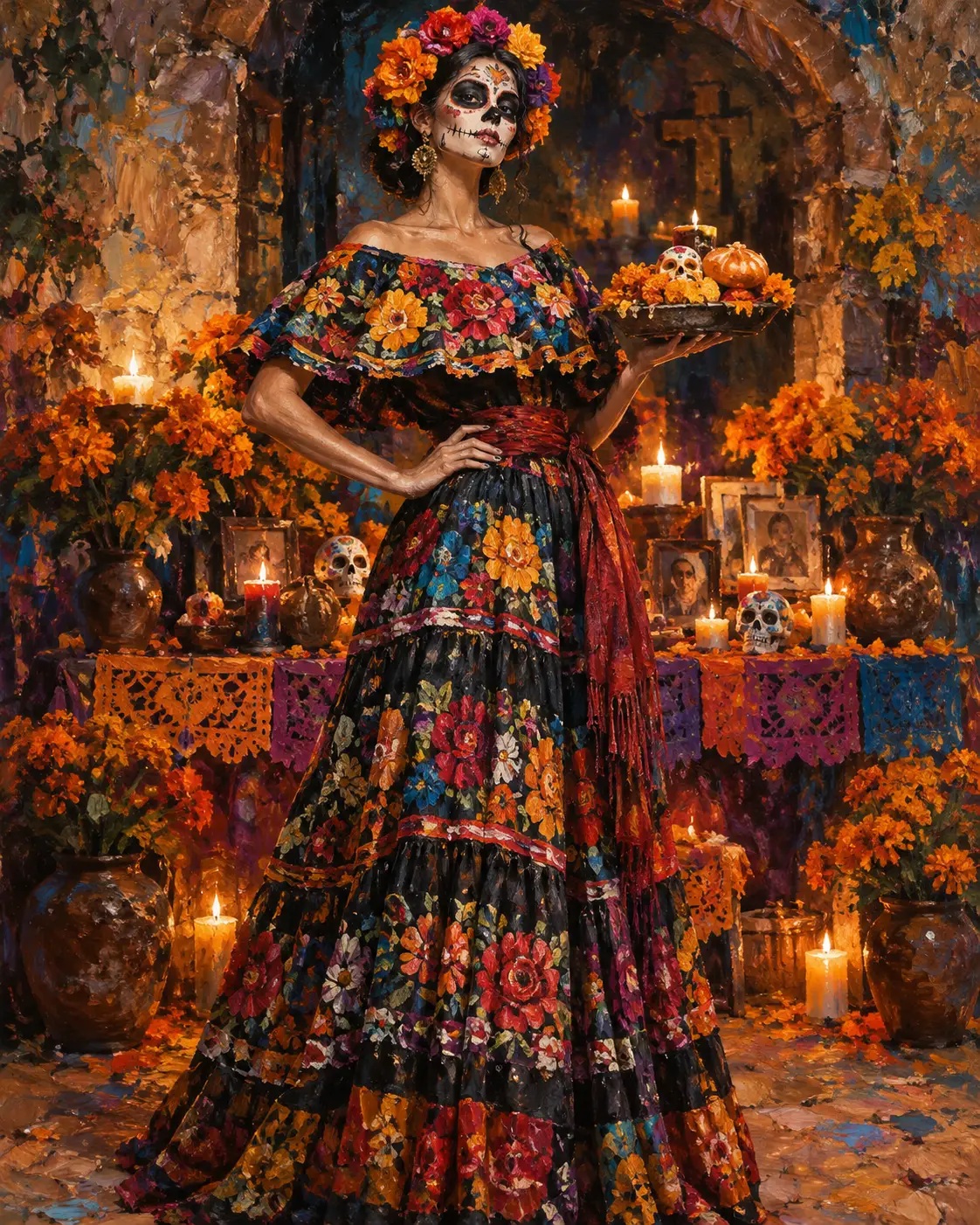 Une catrina mexicaine en pied présente une offrande devant un autel du Día de los Muertos