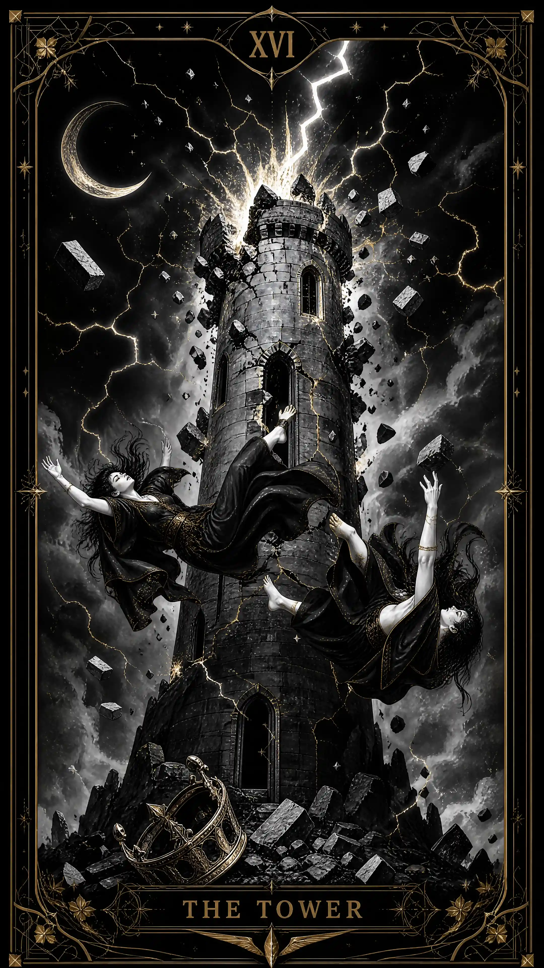 Die Tarotkarte Der Turm in Schwarz-Weiß mit goldenen Details