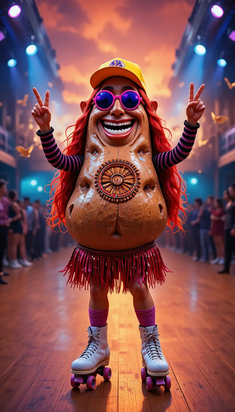 Um divertido personagem de batata anda de patins sob holofotes coloridos de discoteca
