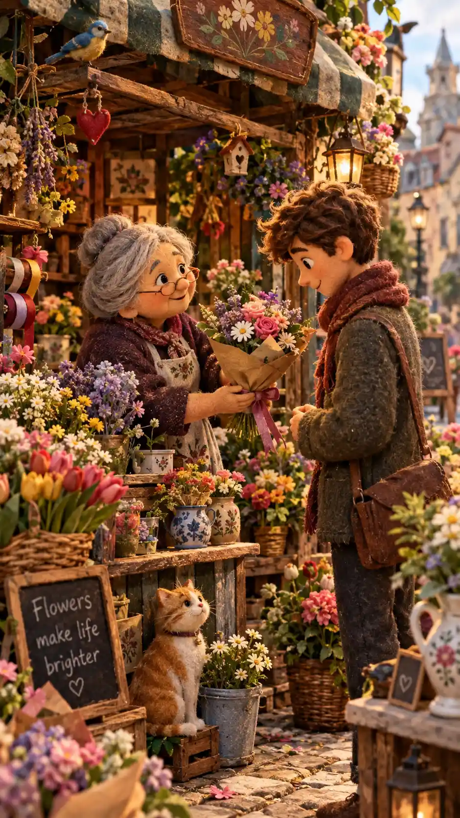 Um florista idoso ajuda um jovem a escolher um buquê