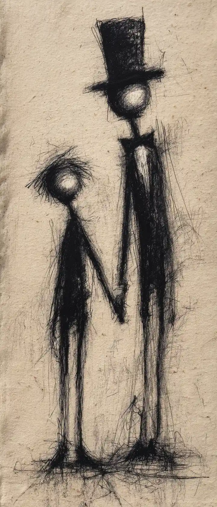 Zwei gesichtslose Figuren halten sich in einer strukturierten Kohlezeichnung an den Händen