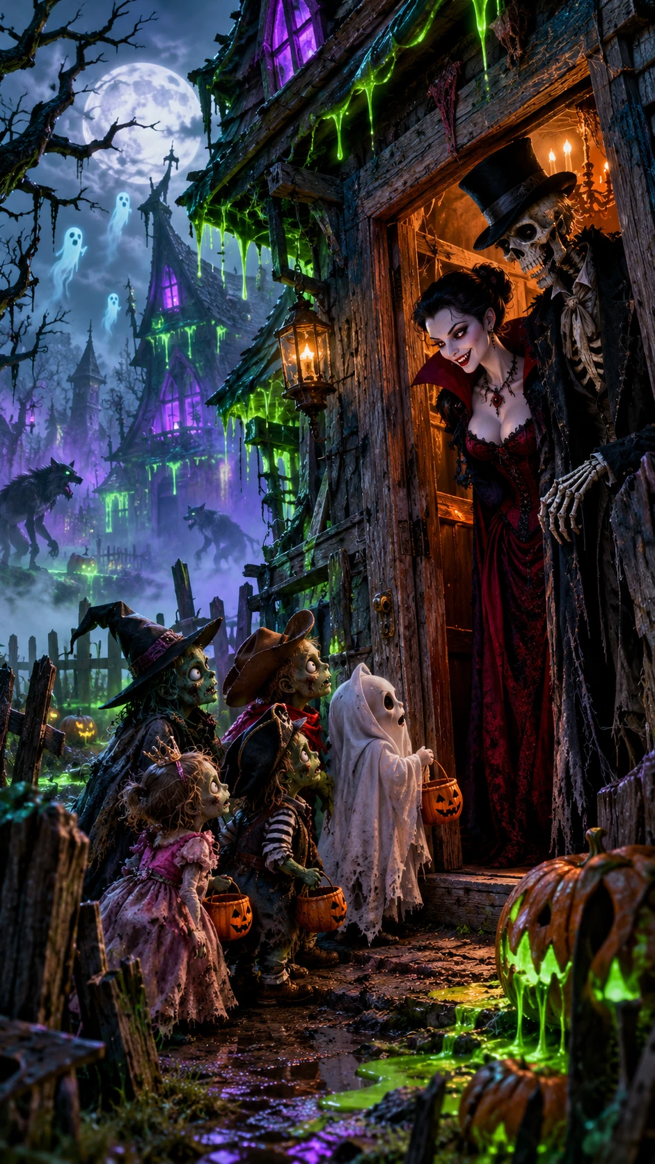 Un fantôme et de petits zombies réclament des bonbons avec nervosité devant une maison hantée