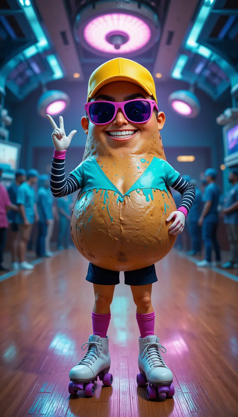 Um alegre personagem de batata anda de patins sob holofotes coloridos de discoteca