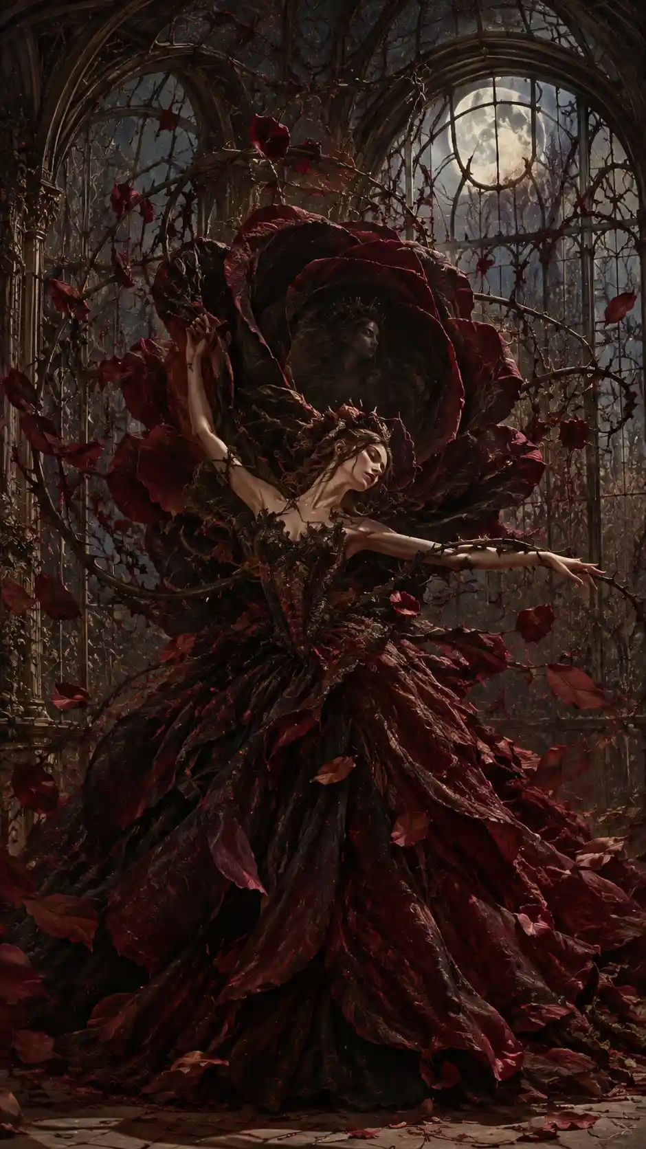 A dancer turns among rose petals in a gothic conservatory