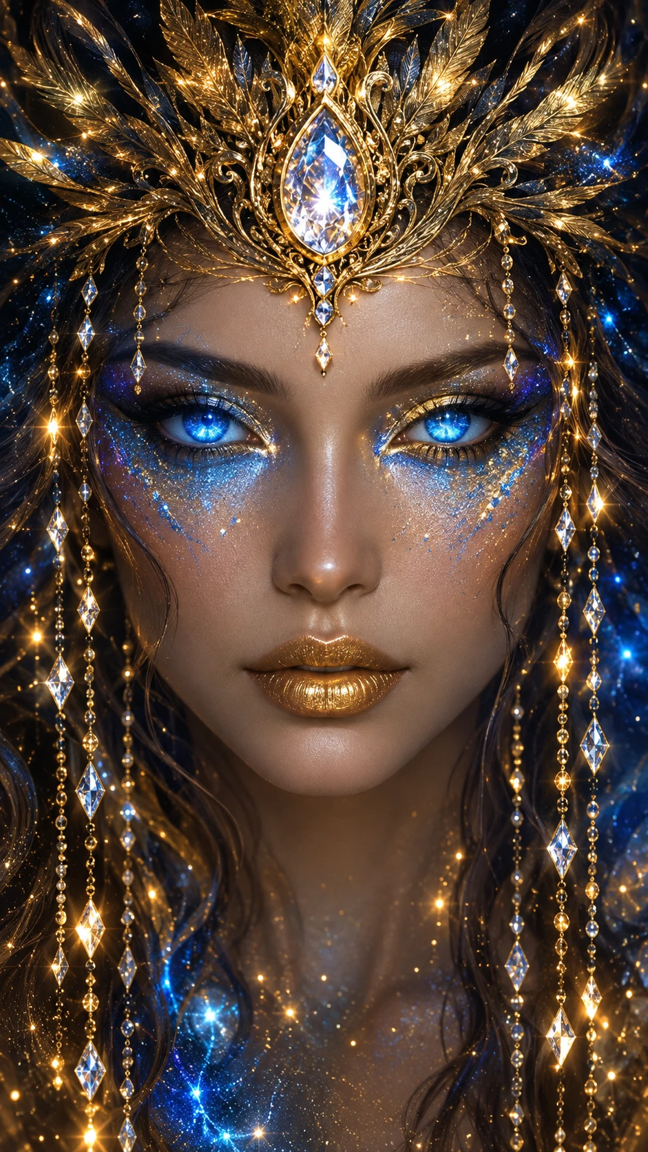 Uma Deusa Mística com Olhos Azuis Brilhantes e uma Coroa Dourada Ornamentada