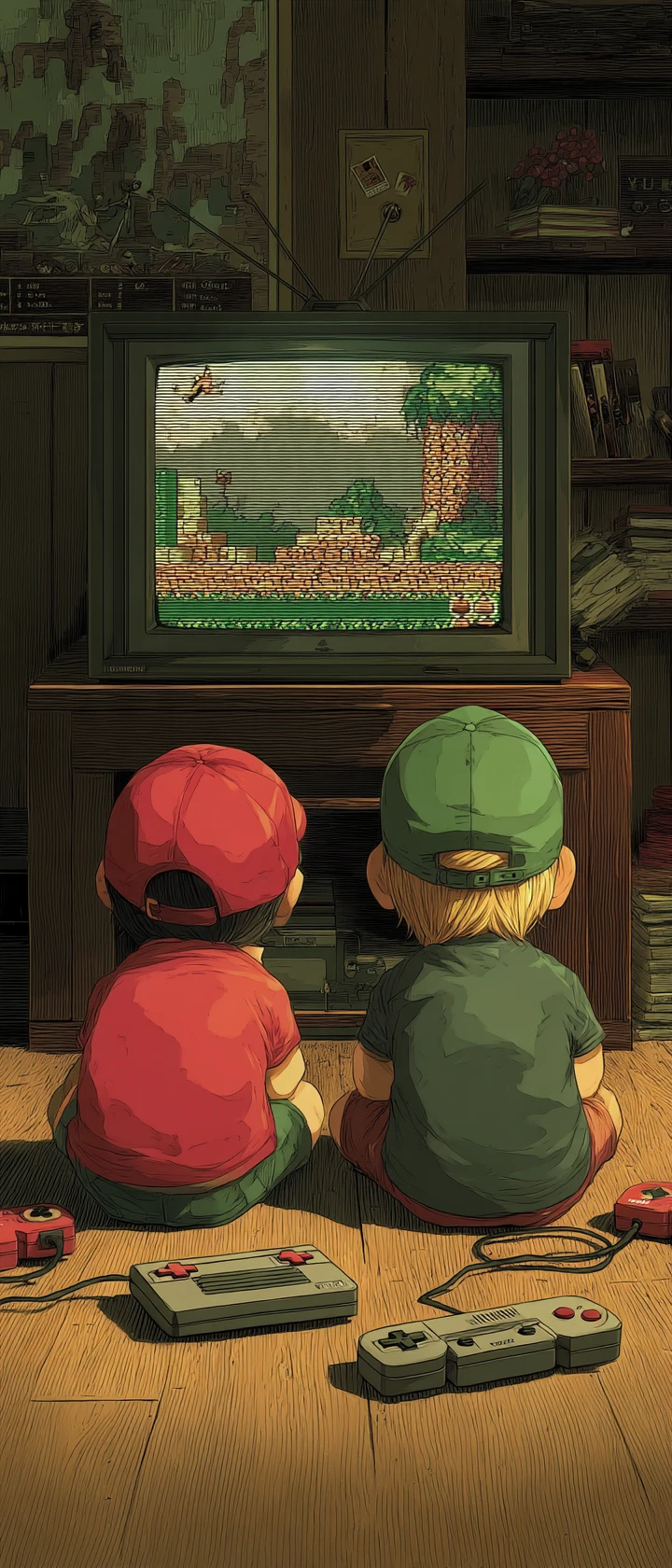 Dos niños pequeños sentados en el suelo de espaldas mientras miran un viejo televisor CRT