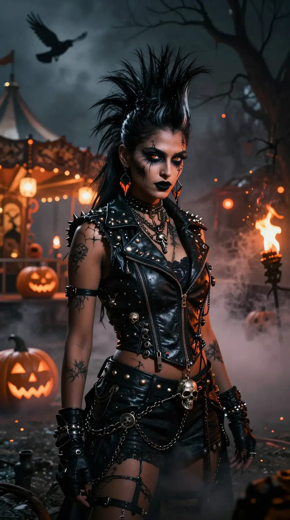 Retrato de uma mulher indiana como rainha gótica numa feira assombrada