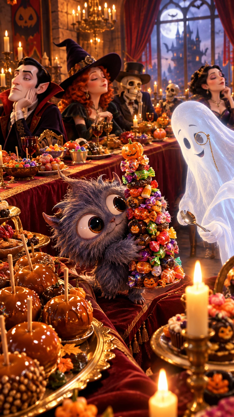 Pequeno monstro rouba uma torre de doces em um banquete de Halloween